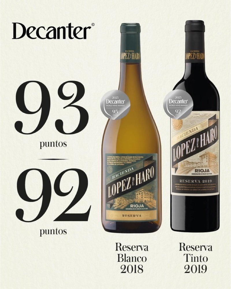 Creatividad de anuncio: Reserva blanco 2018 y Reserva tinto 2019 de Hacienda López de Haro con 93 y 92 puntos Decanter