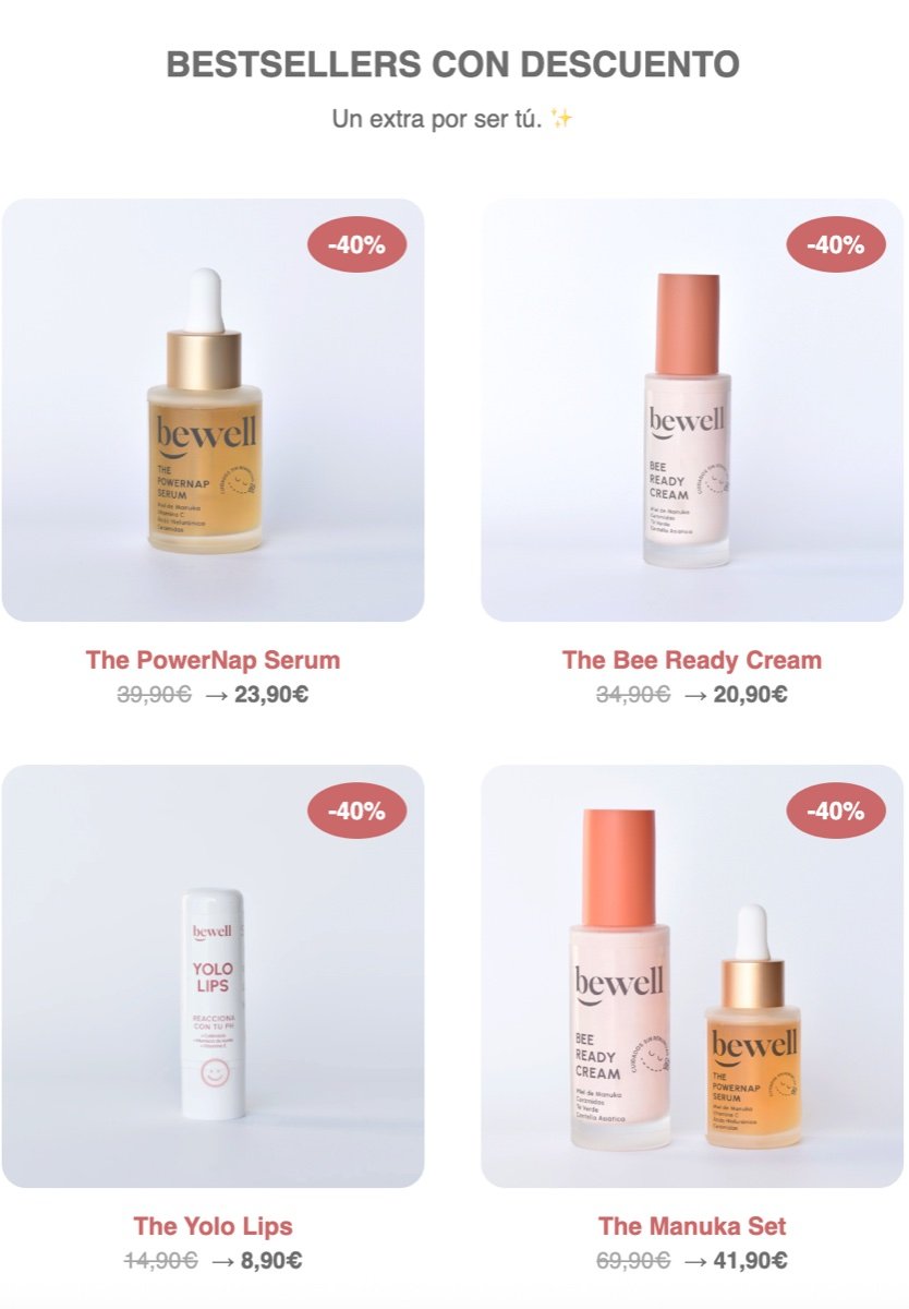 Bloque de un email de Bewell: bestsellers con descuento, con el sérum y la crema al 40%